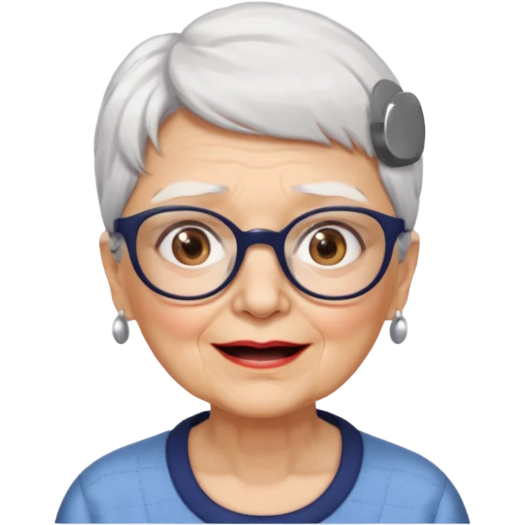Create me emoji of an old lady. Short white hair to left side. Square glasses. Brown eyes. Rounded really big and wide face. Wide nose. Big mounth emoji