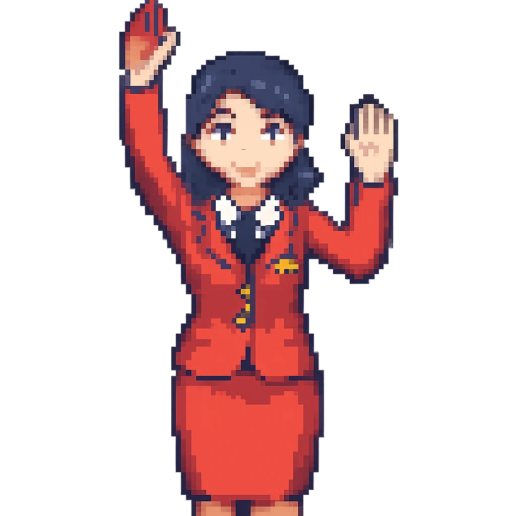 Remove the hat from the flight attendant, keep the red uniform, in the style of pixel art emoji style. emoji