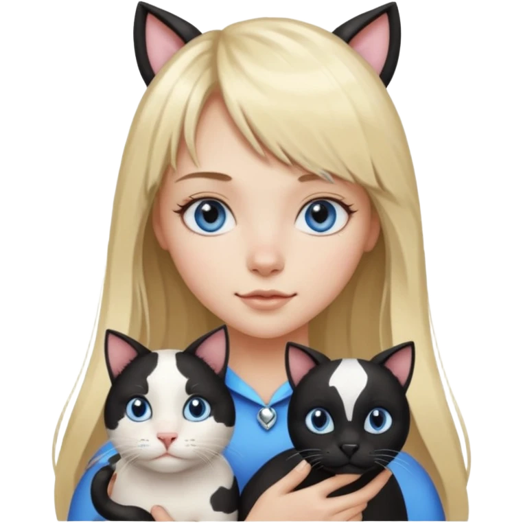 One  cat black and white stain like a cow in the arms of long blond hair girl with bangs and blue eyes emoji