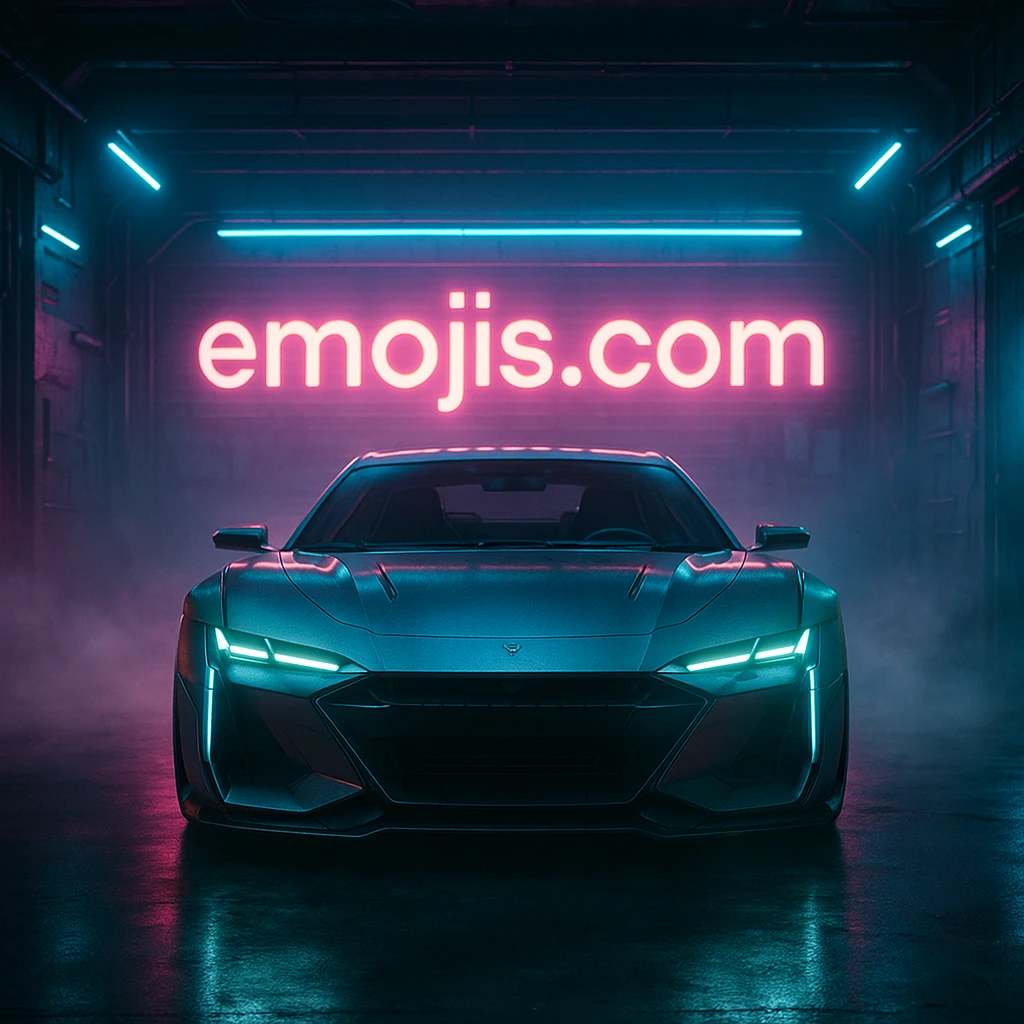 Cinematic still of a futuristic car parked front to camera inside neon garage with led behind saying "emojis.com", room fill with haze, very detailed and futuristic ,inspired by cyberpunk 2077 emoji
