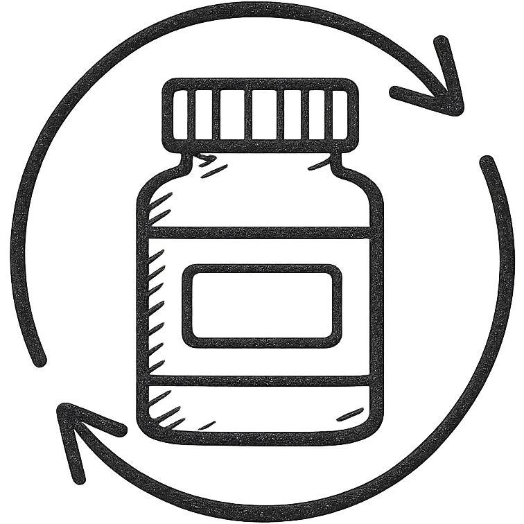 minimalist icon of a package or supplement bottle with a repeating cycle arrow around it, clean flat design, monochrome style emoji