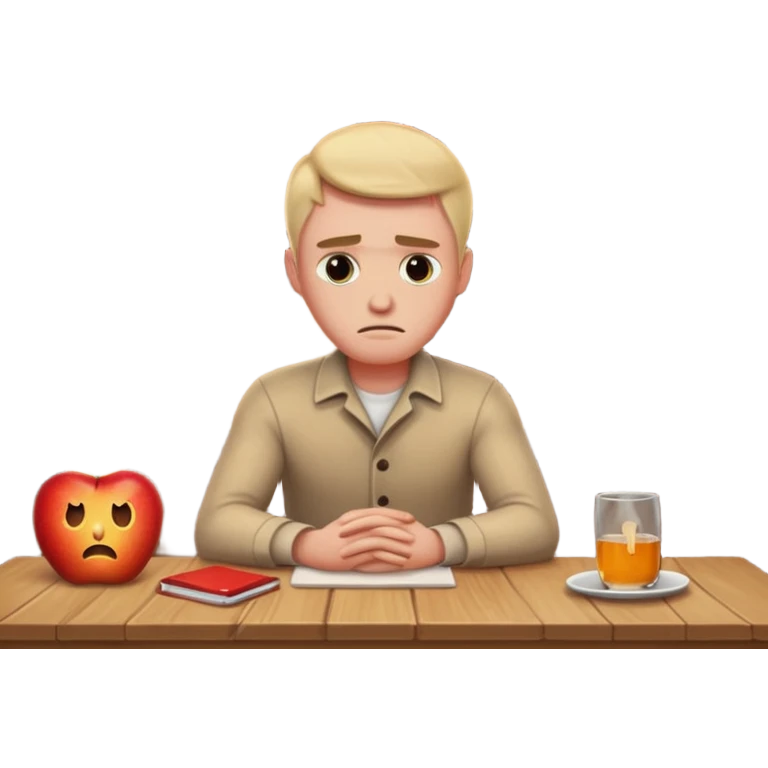 a man sits sadly at a table, a house burning fiercely behind him, apple style emoji emoji