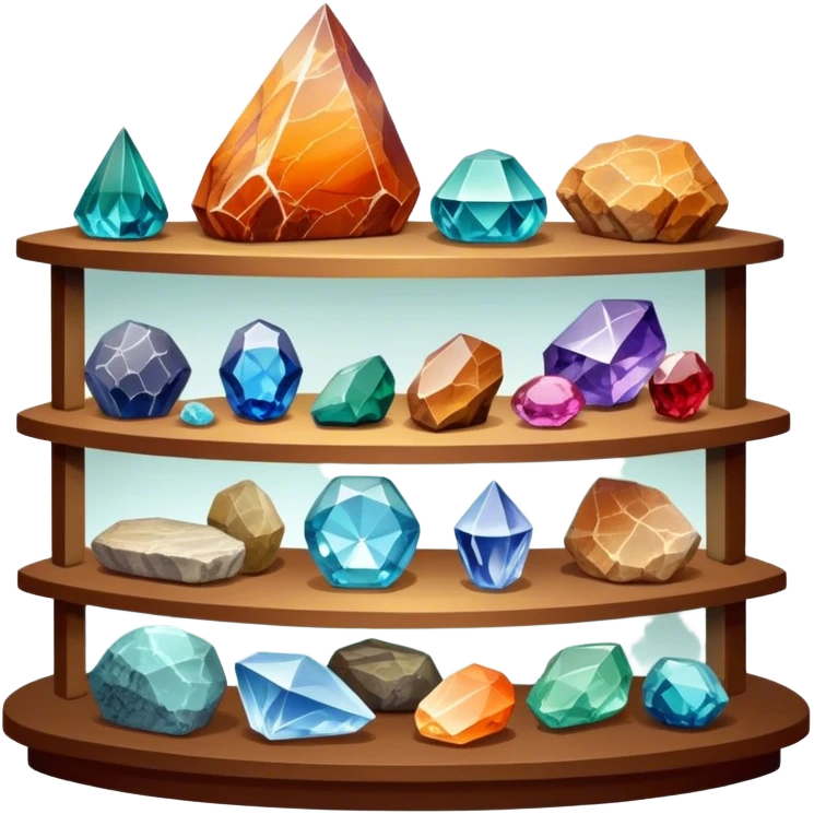 Icon for Mineral, Stone & Fossil Collecting: a display of various colorful minerals, gemstones, and fossils, arranged neatly on a table or shelf. The icon should reflect the beauty and scientific interest of collecting natural specimens. Transparent background. emoji