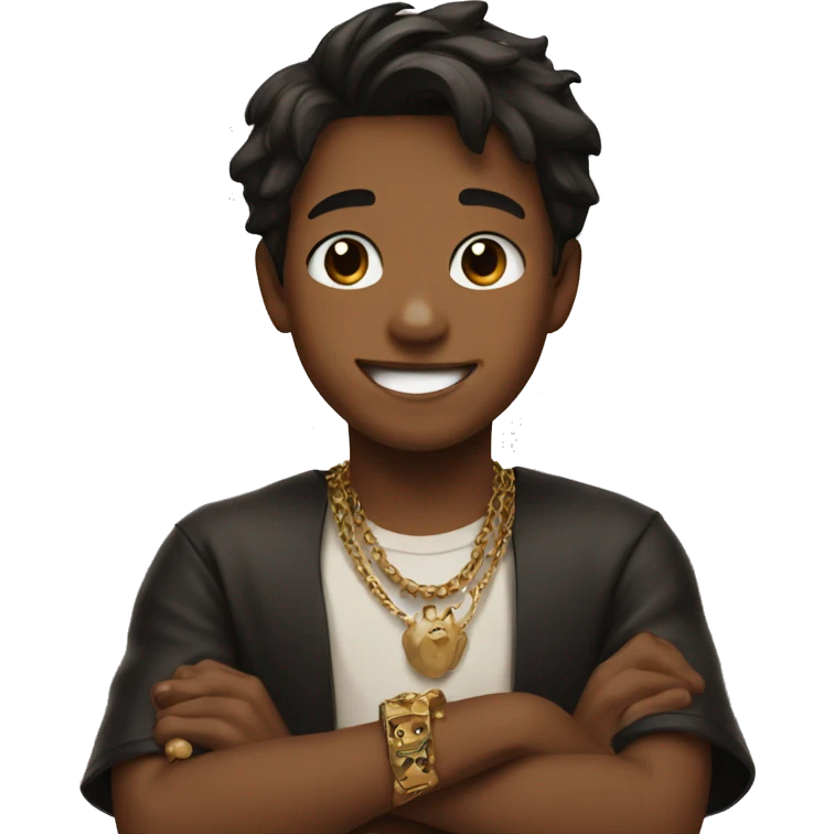 smiling boy with brown and black dog and jewelry emoji