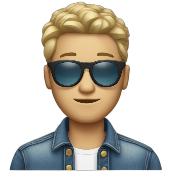 white guy with a jean jacket with round sunglasses and curtains haircut emoji