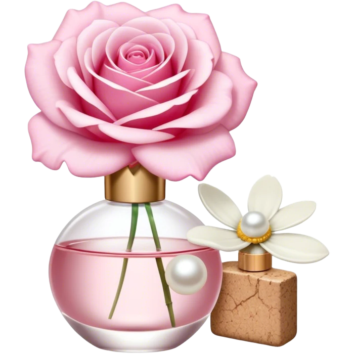 a beautiful aesthetic single rose in white and pink with an ivory bow and a pearl white perfume bottle with a white daisy on the cork emoji