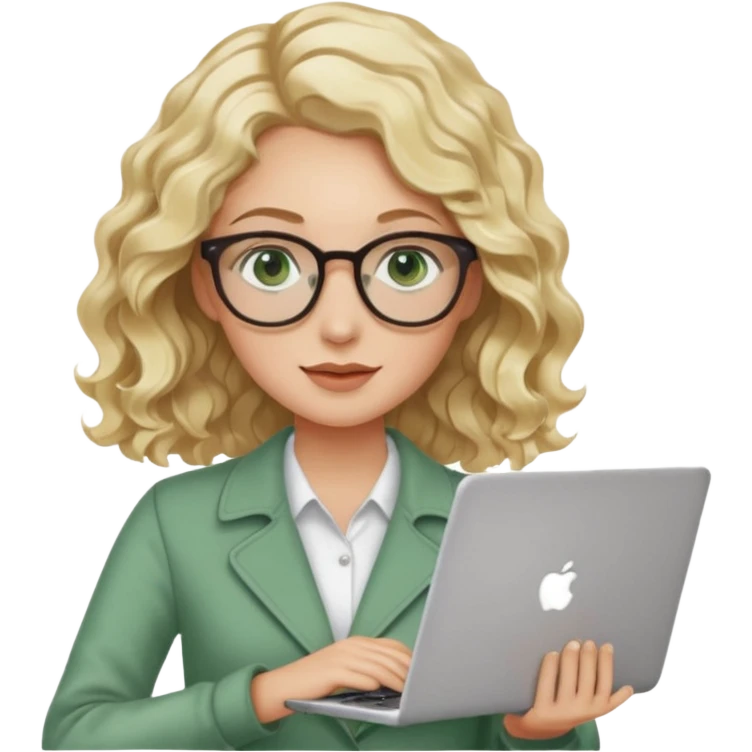 blonde woman, age 25-30, green eyes, wavy hair, holding a laptop, product designer vibe emoji