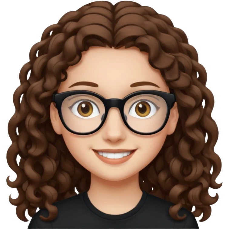white teen girl with long brown curls, hazel eyes, and black frame glasses emoji