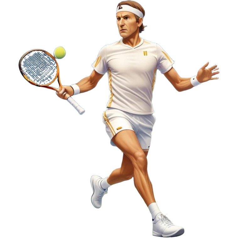 Cinematic Realistic portrait of Goran Ivanišević, depicted as an iconic tennis player in dynamic motion with detailed athletic gear and intense focus, illuminated by bold stadium lighting that accentuates his competitive spirit. emoji