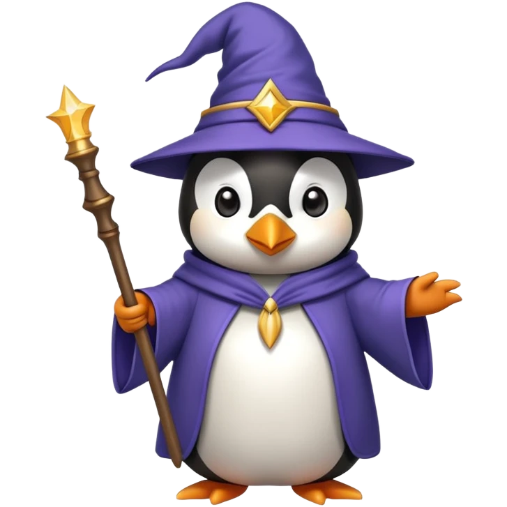 penguin wearing a wizard hat and robe, holding a magic wand emoji