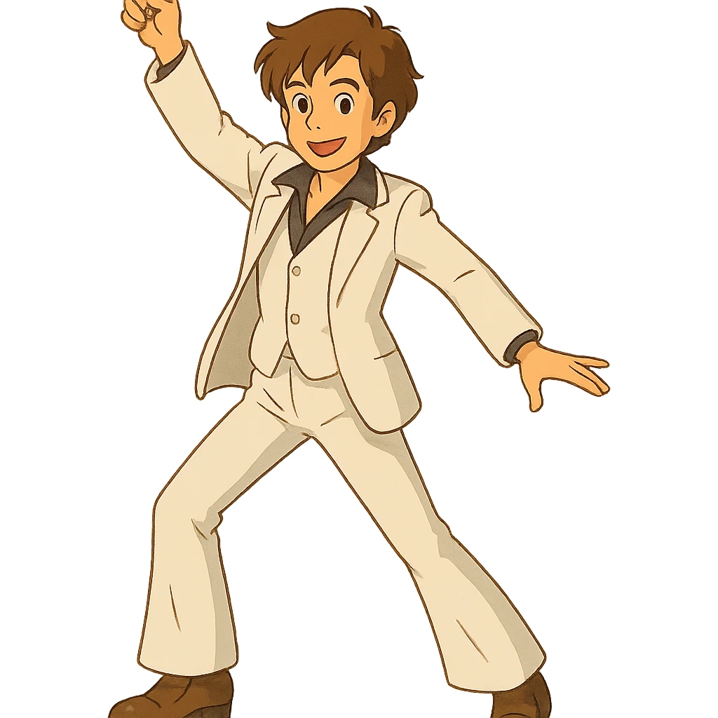 ghibli style disco dancing man, white outfit, brown hair emoji