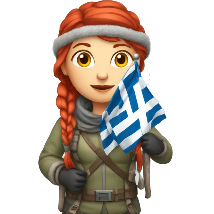 female winter mountaineer red hair holding red easter egg and greek flag  emoji