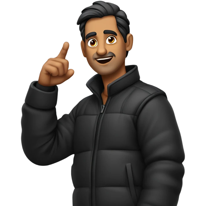 Indian man wearing a black puffer with sleeves rolled up to his mid forearm with black hair and in his 50s with receded hairline and no beard who is talking while pointing with his right arm and talking to the right side emoji