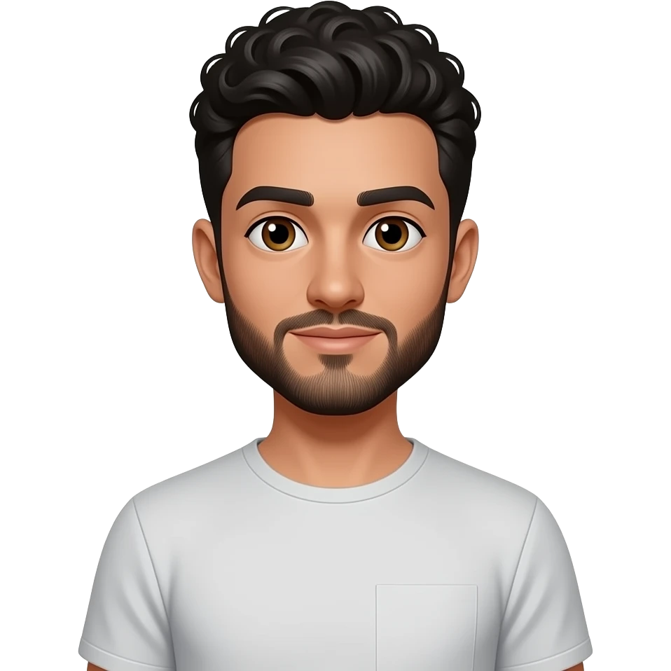 A standing man with black short curly hair and brown eyes. He has a beard. The man is tall and slim. emoji