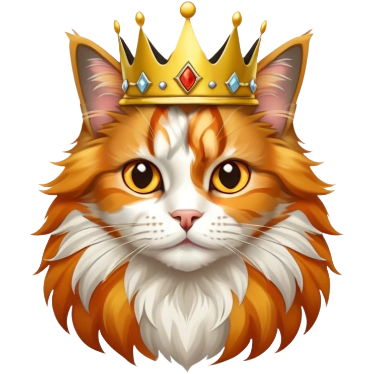 calico maine coon cat with orange, black and white patches wearing a golden crown emoji