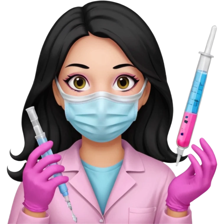 laboratorista con guantes rosa y mascarilla rosa  jeringa tubo laboratorio sin lentes  y  ojos negro cabello largo negro emoji