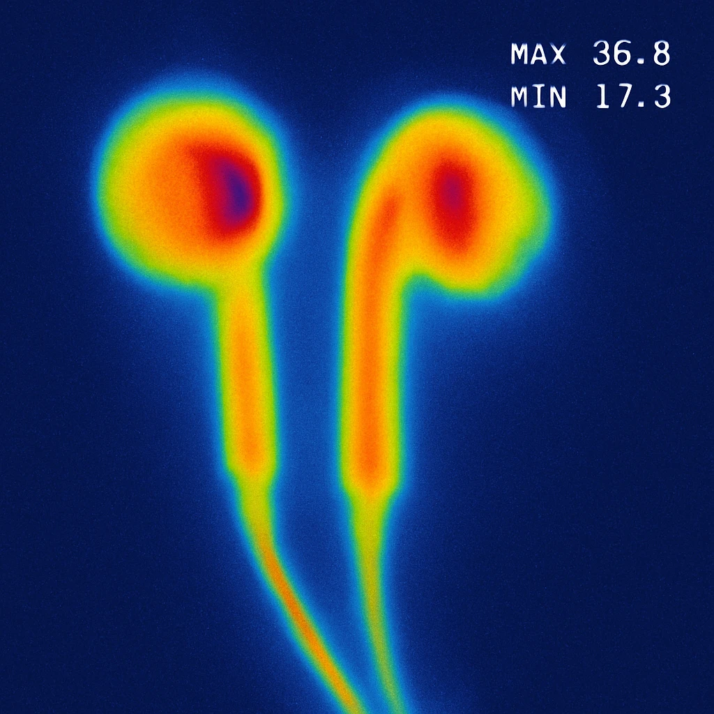 EarPods headphones in thermal camera style with background emoji