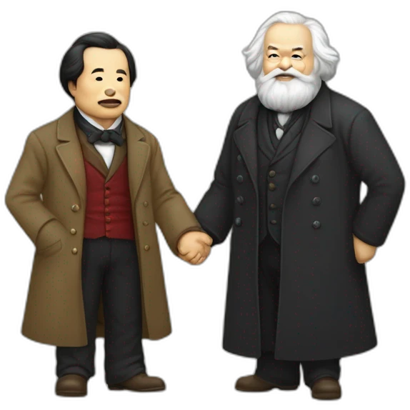 Li Hongzhi and Karl Marx, two human mentors, arm in arm，team up，rub shoulders, hooking up emoji