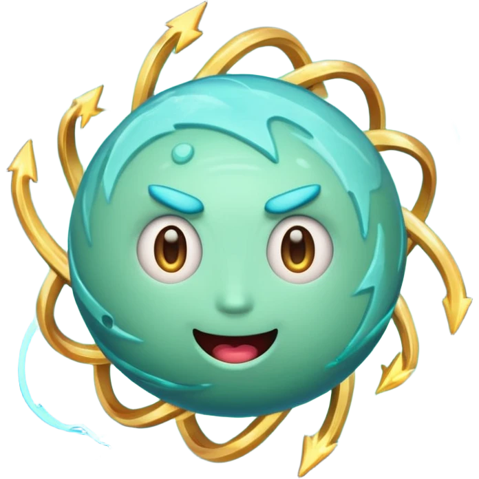 Uranus emoji with a playful, chaotic face, blue-green planet, swirling rings, lightning effects, representing electric, unexpected change, Apple-style emoji emoji