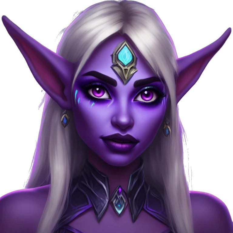 Synthwave night elf in world of warcraft style, oil paint, black eyes, intricate lips, masterpiece portrait, beautiful, desirable, logical emoji