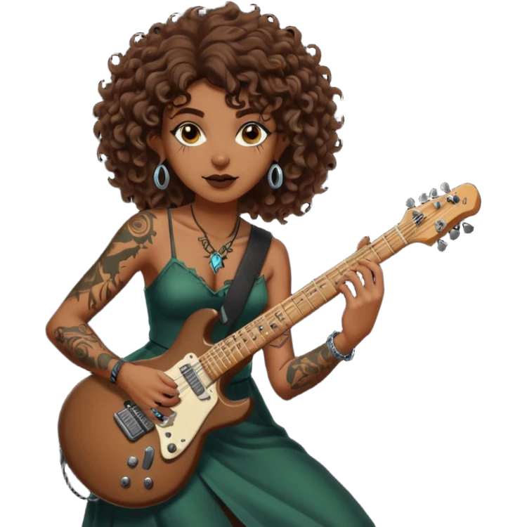 Brown eyes, brown hair curly forest witch playing electric guitar sexual with tattoos emoji