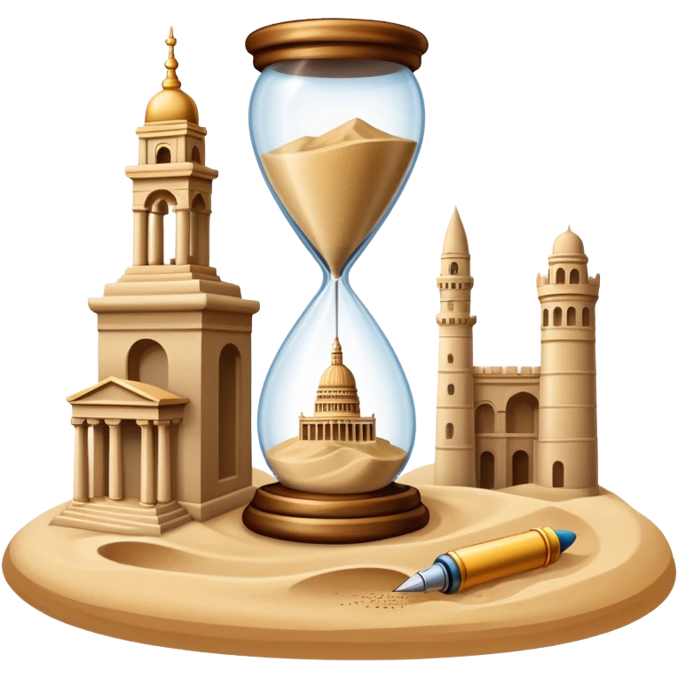 icon featuring ancient scrolls, quill pen with famous historical landmarks and monuments in the background like colliseum. Large, antique sand clocks with sand pouring out represent the passage of time. Historical figures are depicted as statues. Transparent background. emoji