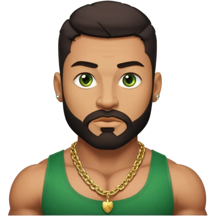 green eyes, dark short hair, muscular shoulders, wide cross, gold chain, big lips big nose big eyes, masculine good looking, dark beard, muscular strong looking emoji