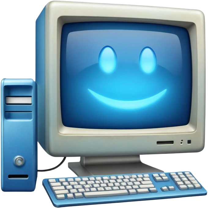 old mac computer with a blue glowy screen, emoji
