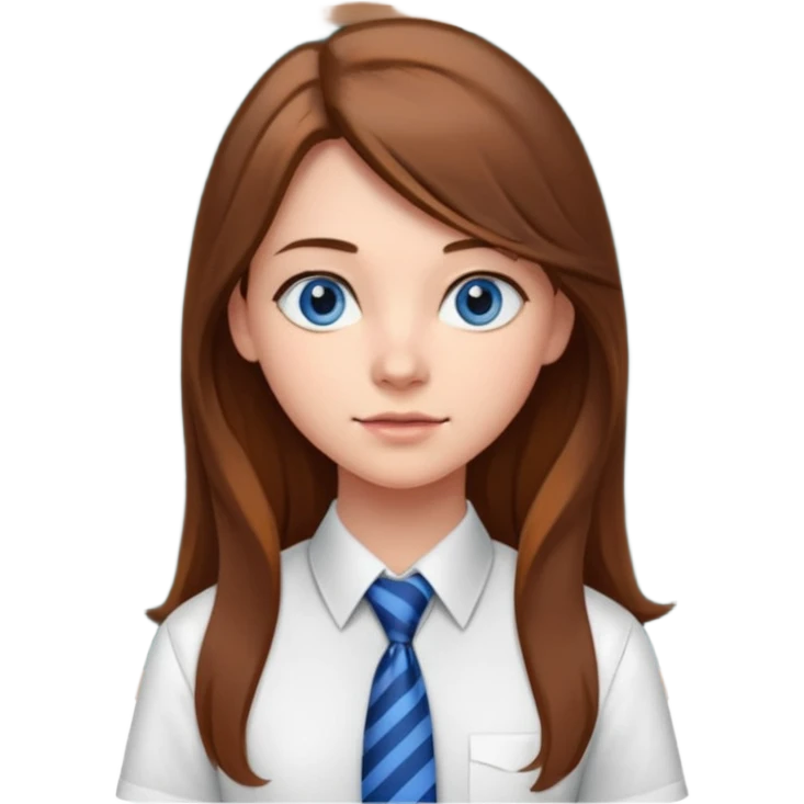 high school class room with a blackboard, with a pretty female high school student with long brown hair, blue eyes, wearing a tie emoji