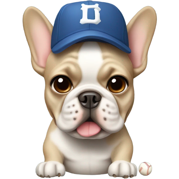 Beige French bulldog with a baseball bat and baseball cap on emoji