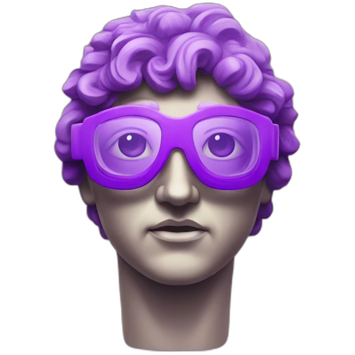 an EMOJI OF A ancient young greek statue, wearing VR glasses, purple colors, DIGITAL UNIVERSE emoji