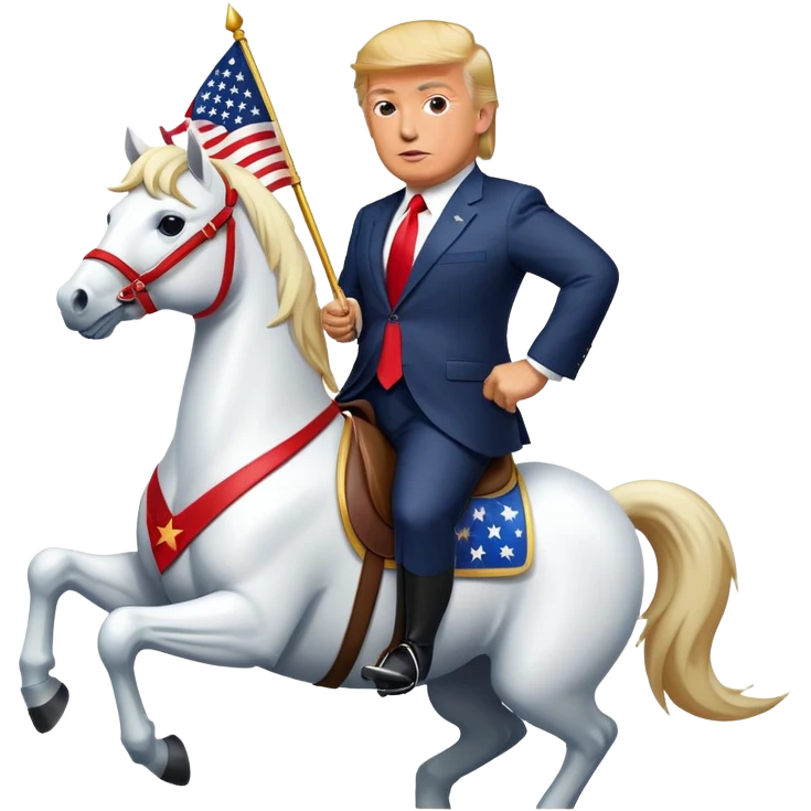 A cartoonish emoji of Donald Trump riding a majestic white horse, wearing a suit with a red tie, holding an American flag, with a confident and triumphant expression, set against a simple background. emoji