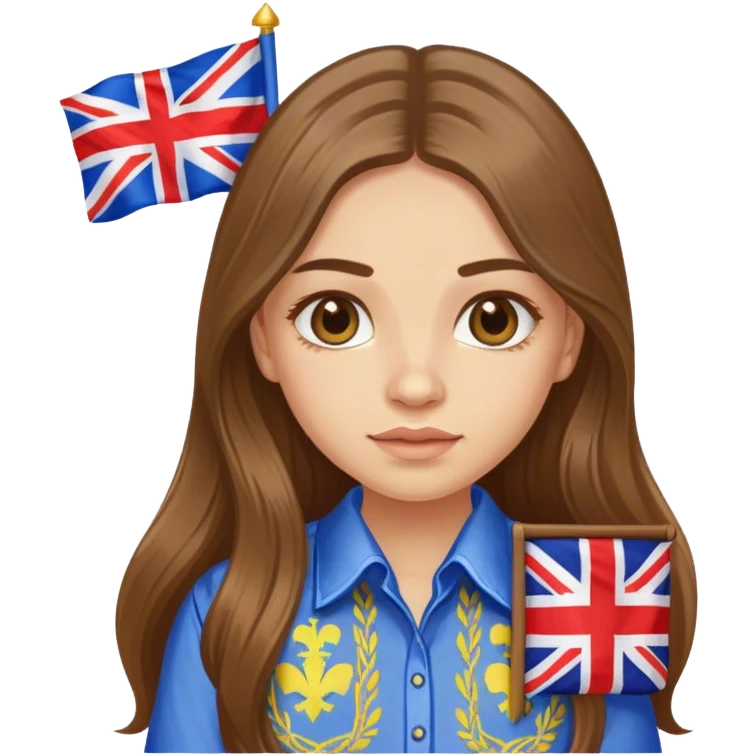 A Ukrainian girl in an embroidered shirt holds a British flag emoji