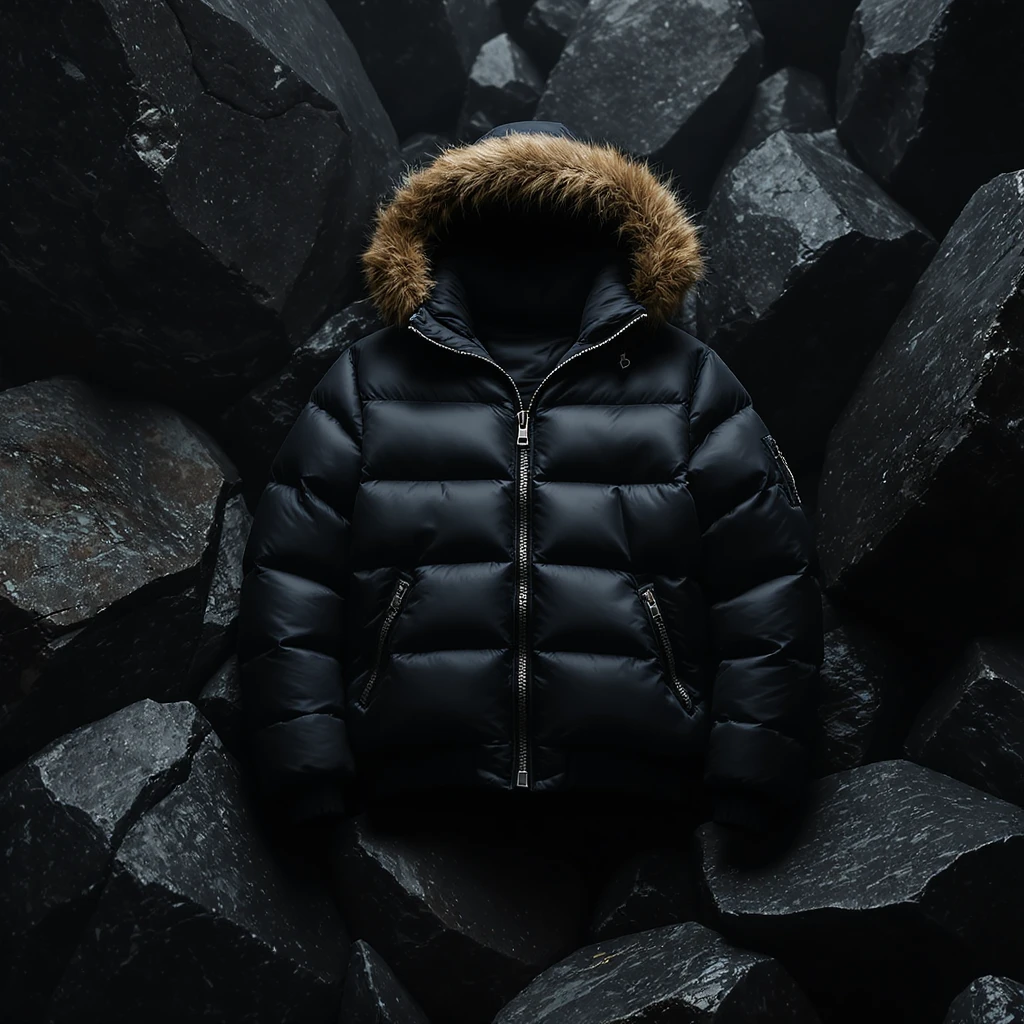 cinematic still of a black puffer jacket around black stone environment emoji