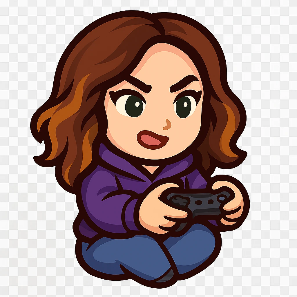 Create a chibi emote of the woman from the reference images, wearing a purple hoodie and jeans, holding a game controller in a gaming pose, no headband, no sparkles, no wand, transparent background in sticker style emoji