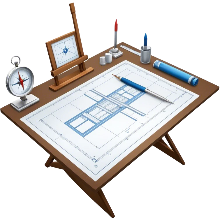 Create a sleek and modern icon representing Architecture, featuring elements like blueprints, a drafting table, and architectural tools (ruler, compass). The design should be visually sophisticated, clean, and professional, without any emojis. The background should be transparent emoji