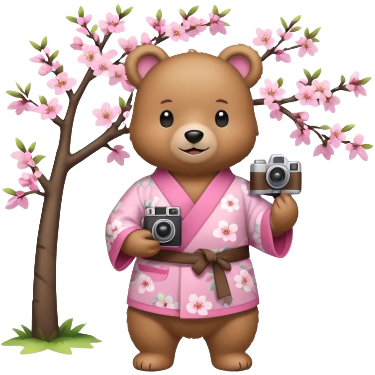A cute light-brown bear wearing a pastel pink sakura-patterned kimono, normal balanced body ratio.  
Standing under a blooming sakura tree, holding a small camera and taking a picture with a happy smile.  
Kawaii emoji style, minimalistic clean sticker illustration, simple scenic background.
 emoji