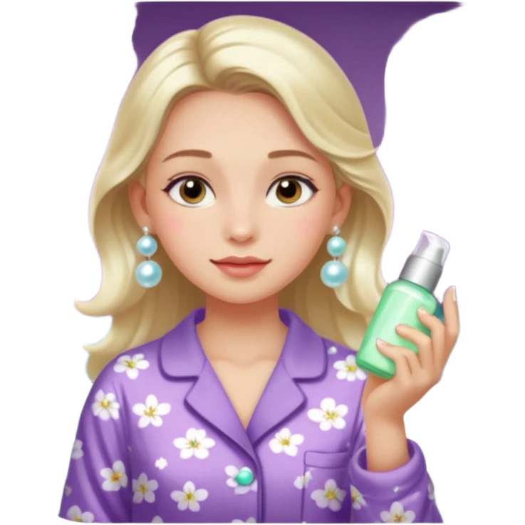 Clean girl aesthetic emoticons, apply skincare products, pearl earrings, glowing skin, pajamas, soft lighting emoji