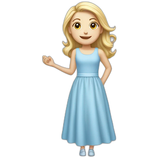 White girl wearing a light blue dress smile poiting for the left emoji