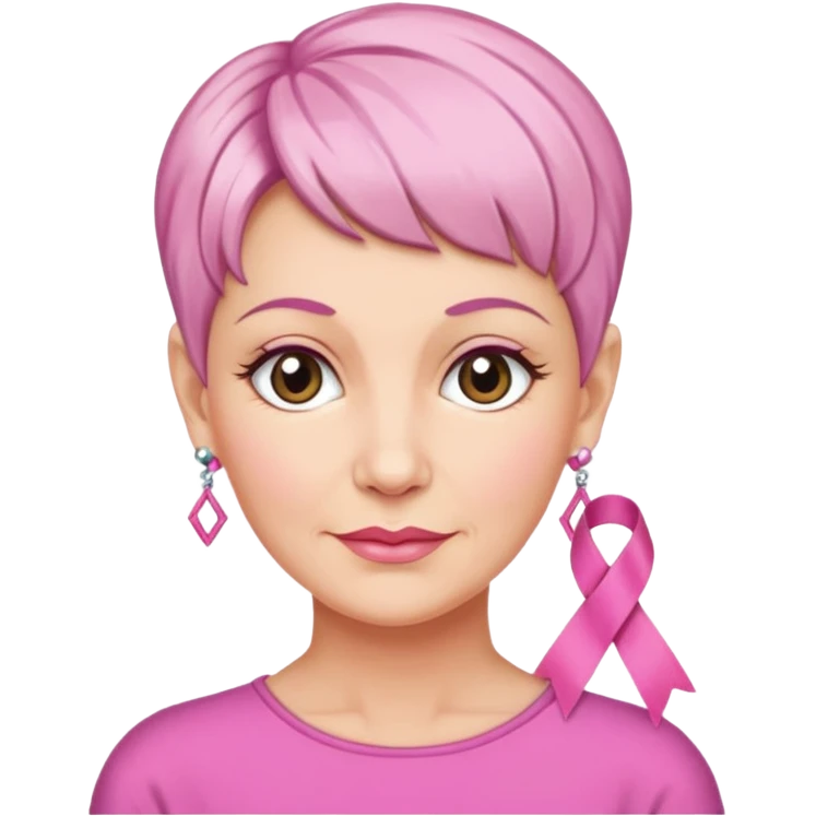 Mature Woman with pixiecut wearing earrings of pink ribbons emoji