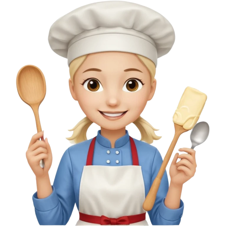 Young female pastry chef - single ponytail, apron, wearing a white hat, holding a cream piping bag emoji