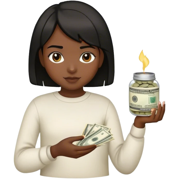 a young girl with dark skin and short black hair holding money and a pot of glue in her hands emoji