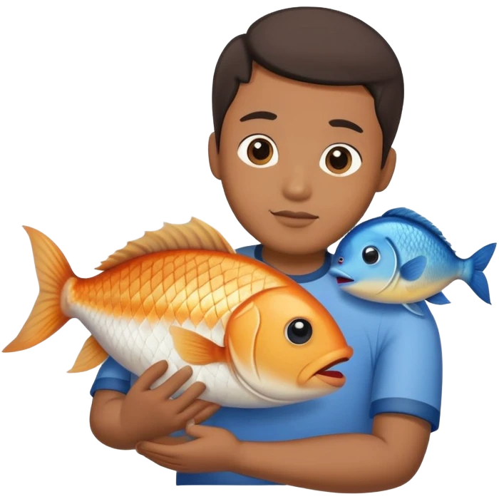 Asian man holding/hugging a fish like a baby, half body will do, the fish does not need a human face emoji