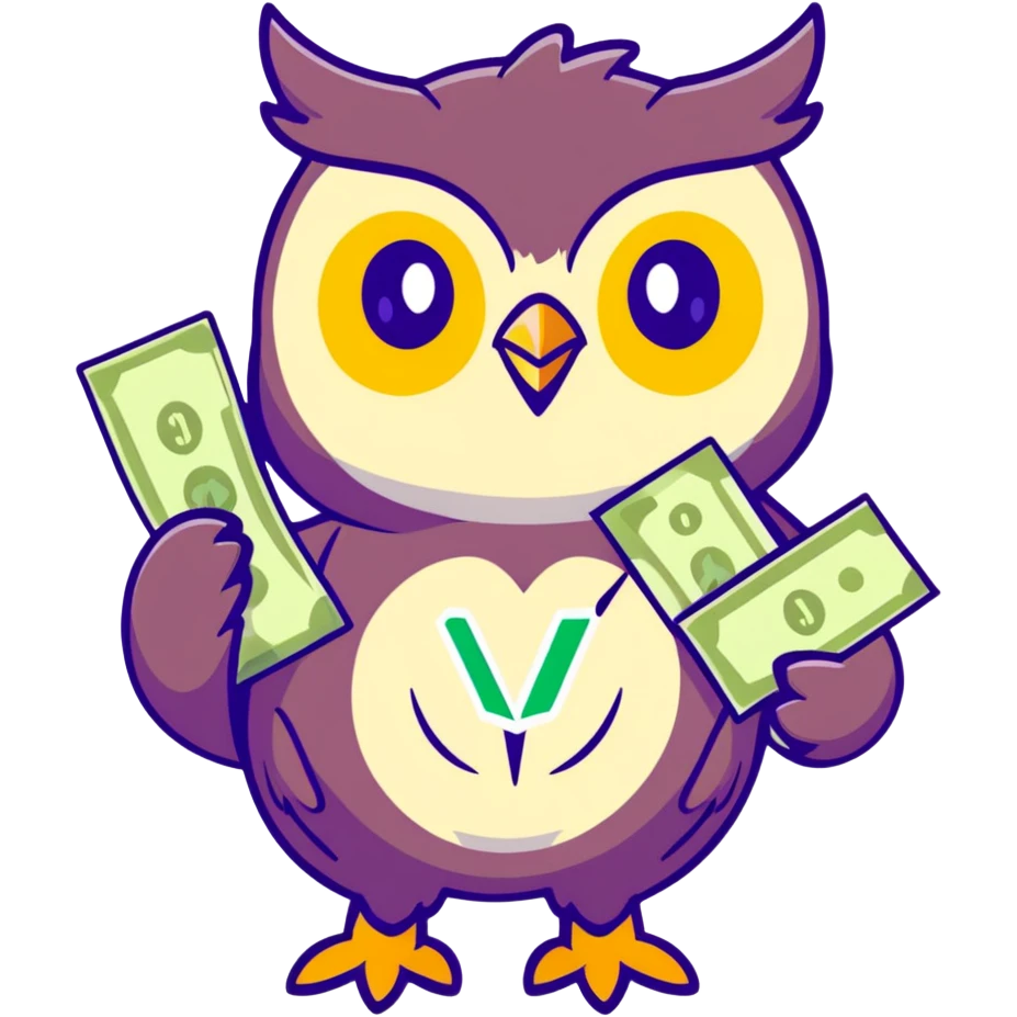wealth luck symbolizing owl character, large green eyes, golden feathers, holding a money pouch in its feet, pastel tones, sticker style, rounder and cuter emoji