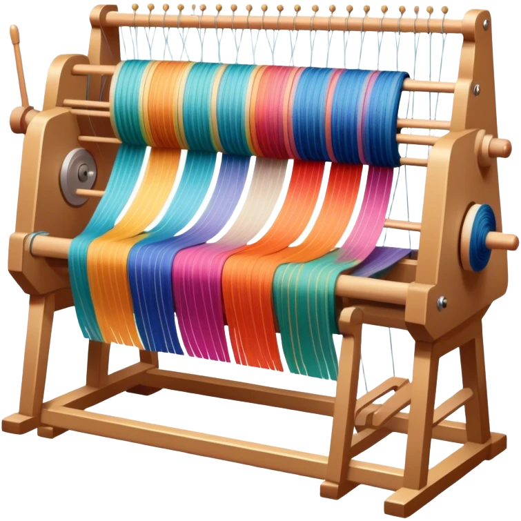 Weaving icon, loom with colorful fabric being woven, visible shuttle, spools of yarn, fabric swatches, sewing patterns, and finished clothing items, minimalistic style, clean lines, transparent background. emoji