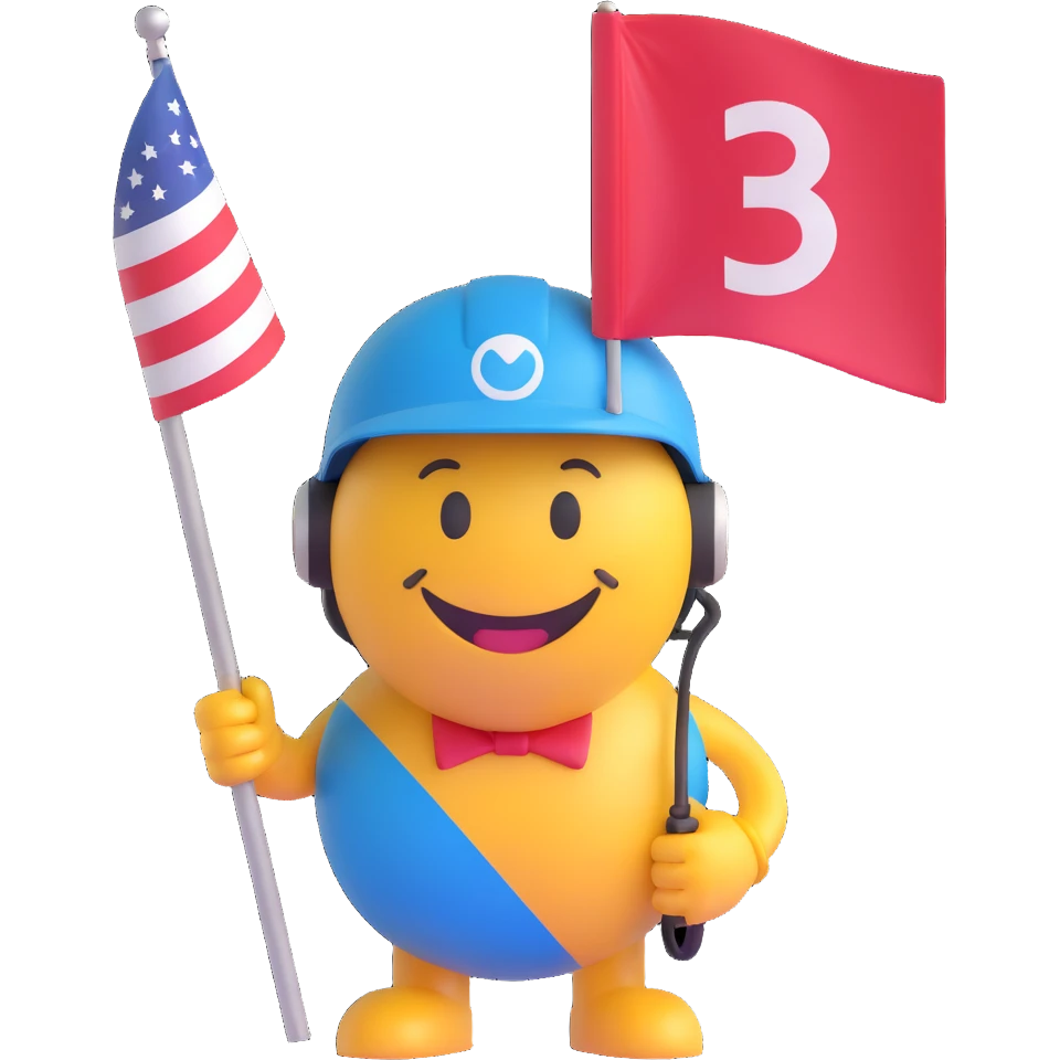 3D smiley emoji, round shape, motorcyclist with flag: holding flag, wearing helmet, smiling face emoji