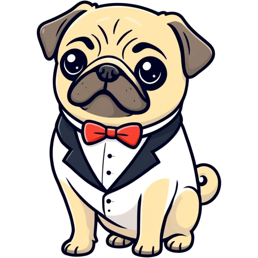 pug in a make it black tuxedo, cartoon sticker emoji