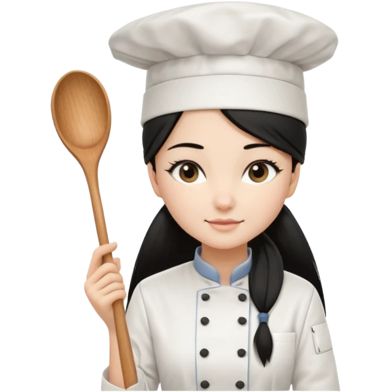
A beautiful girl wears a white chef's uniform. Her long, straight black hair is styled in a ponytail. She wears a white chef's hat and holds a wooden cooking spoon. She is standing and wearing black shoes. The illustration style is 2D realistic.. emoji