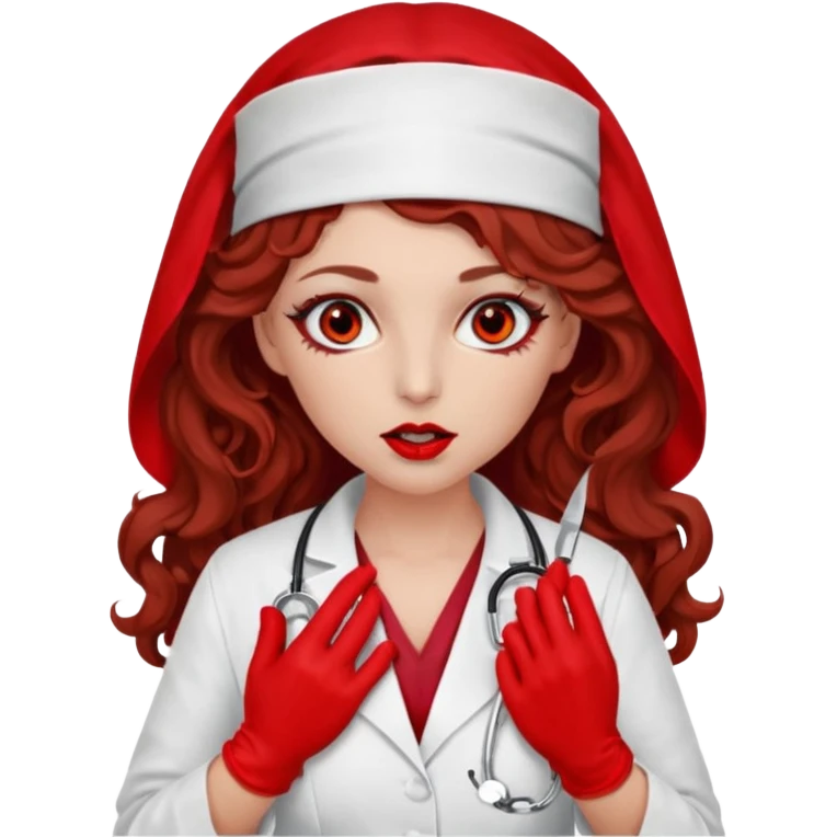 Lilith scalpel in hand, evil surgeon sexy surgeon clothes.  She has red eyes.  Hair is long. Hair is brown and curly hair. Wears sexy doctor outfit with red gloves. Covers mouth neck and nose with mouth veil red emoji