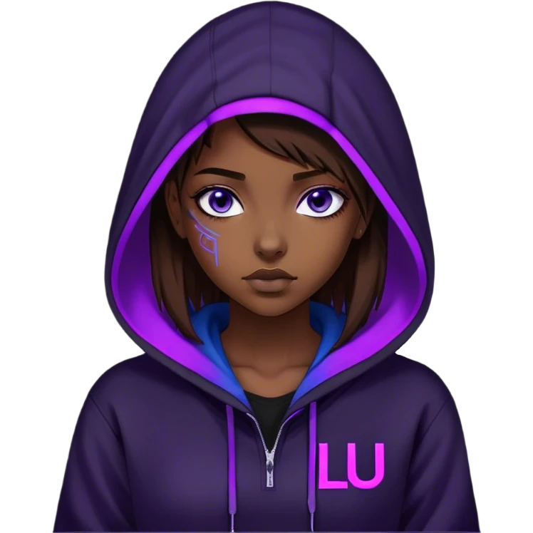girl brown hair blue eyeswearing black hoody with violet letters "Lu" in the hood without a face. Cyberpunk style. Violet neon. emoji